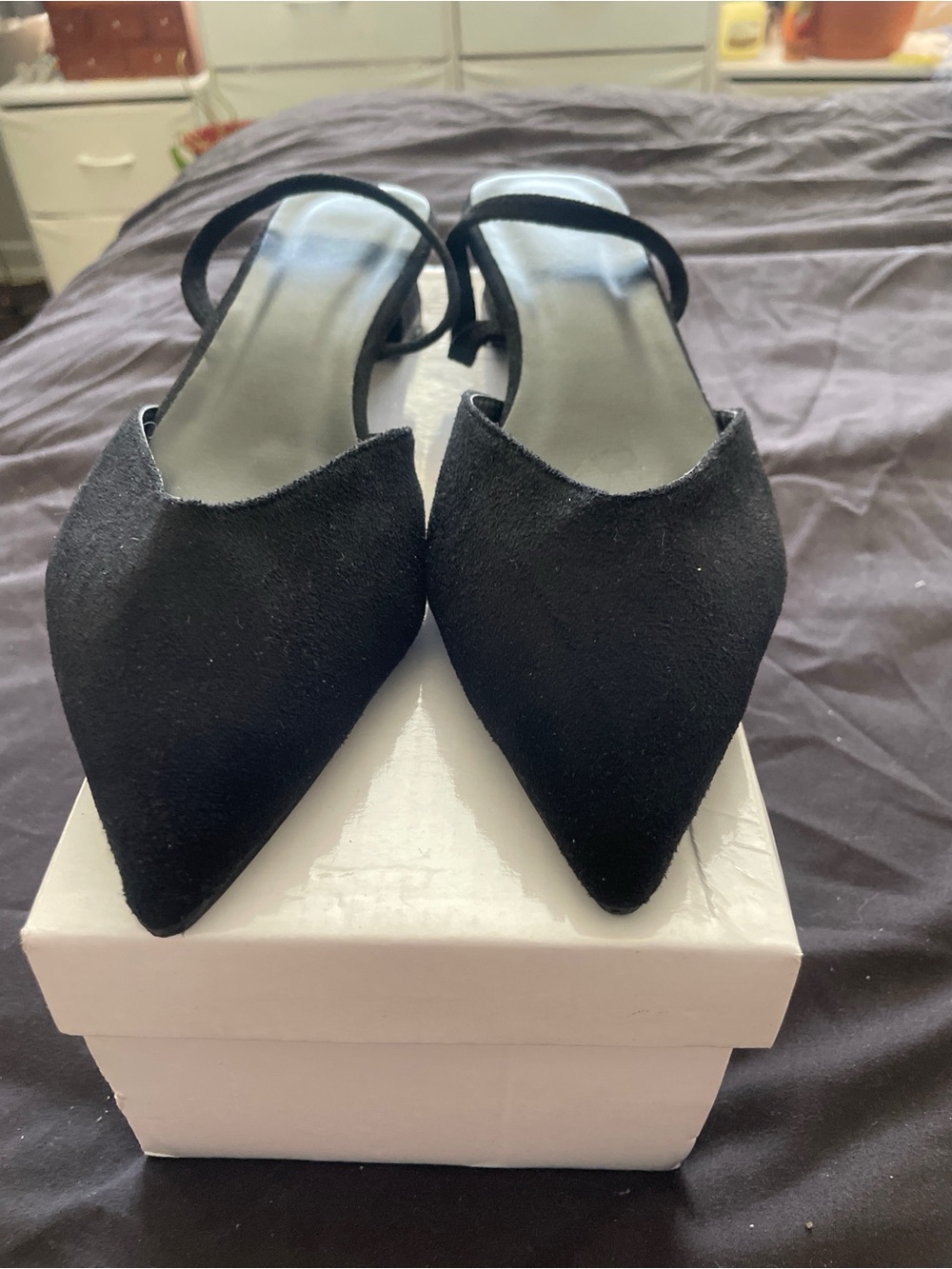 Black Suede Pointed-Toe Slingback Block Heels - Size 38